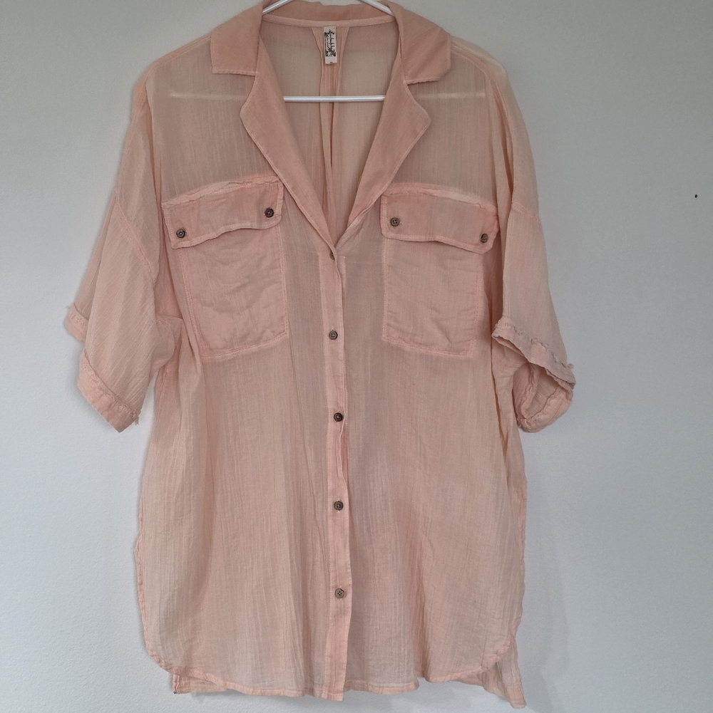 Free People Intimately Sleep Talk Cotton Shirt Electric Peach Small - Picture 3 of 9